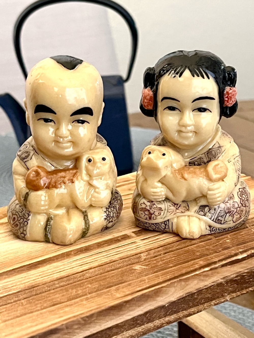 Vintage Asian Boy & Girl Holding Dog Resin Or Alabaster Stone Lucky Folklore